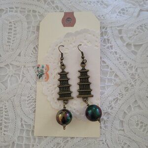 Asian Temple Focal with Iridescent Ceramic Bead Ball Dangle Earrings